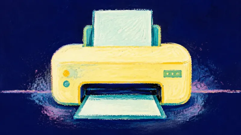Shared Motion Restored A restored printer with clear openings and aligned controls, representing shared readiness, grounded