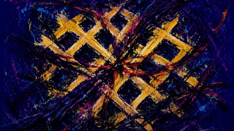 A lattice crushed by tangled lines, representing hypervigilant control, resentment, and the fear of#