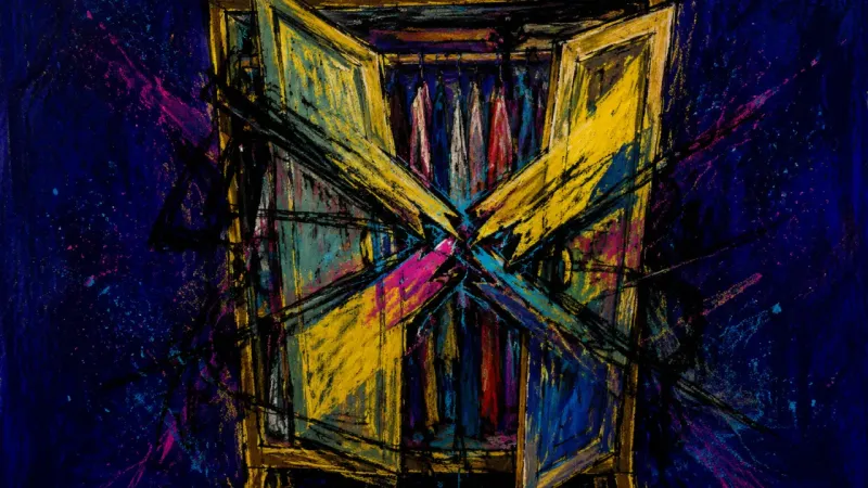 Wardrobe Under Pressure An abstract wardrobe crushed into tangled closure, representing approval-driven self-editing and-