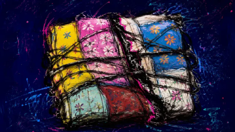 Inherited Compression A quilt compressed into overlapping panels and tangled lines, representing guilt, inherited roles,