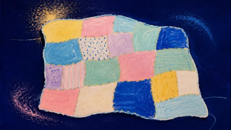 Repatterned Belonging A restored quilt with distinct panels in balanced order, symbolizing roots carried forward through