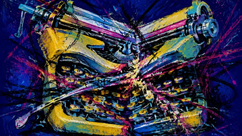 Script Under Pressure A typewriter crushed by tangled lines, representing boundary anxiety and the loss of control caused