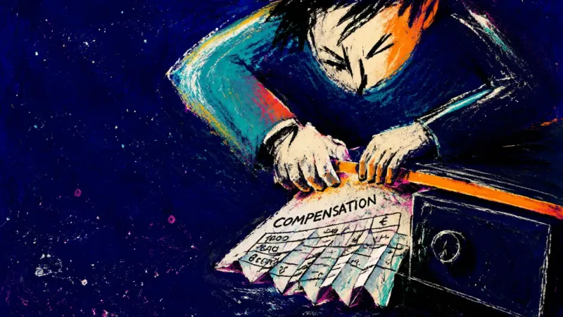 Terms Buried Alive A contracted figure forces a compensation worksheet into a closing desk drawer, symbolizing a request concealed before negotiation begins.