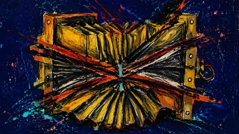 Collapsed Voice Compressed bellows trapped by crossing bands, representing self-advocacy constricted by anticipated rejection and premature concession.