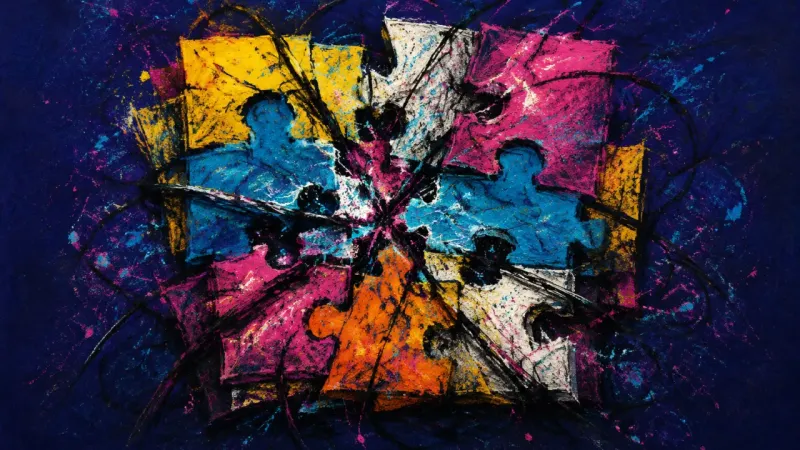 Crushed Assembly A jigsaw puzzle crushed into a tangled mass, representing resentment from taking responsibility for