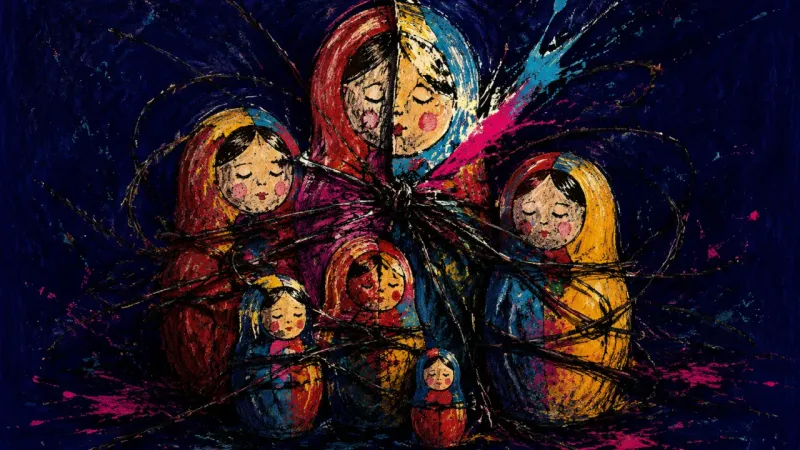 Nested Under Verdict A distorted nesting doll set caught in dense binding marks, representing the pressure to perform for