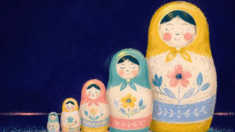 Selfhood Reassembled A restored nesting doll set with balanced forms and aligned seams, representing self-respect beyondA