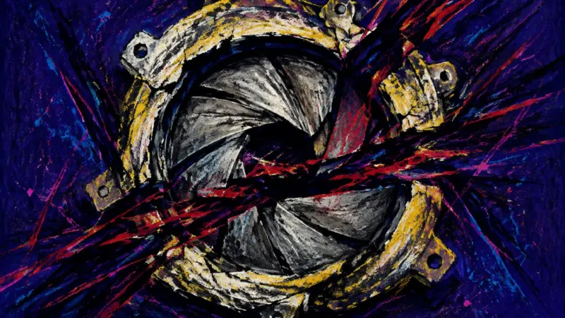 Aperture Under Pressure A distorted aperture diaphragm crushed nearly shut, representing hyper-analysis, fear-based delay,