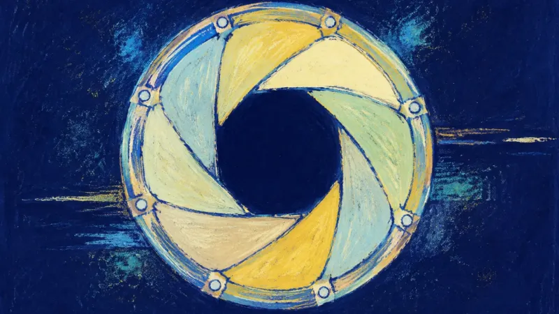 Measured Opening An aperture diaphragm with evenly ordered blades and a clear opening, representing bounded action,