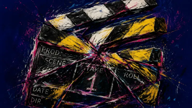 Start Under Siege A crushed clapperboard bound by chaotic lines, representing procrastination that lets one unfinished