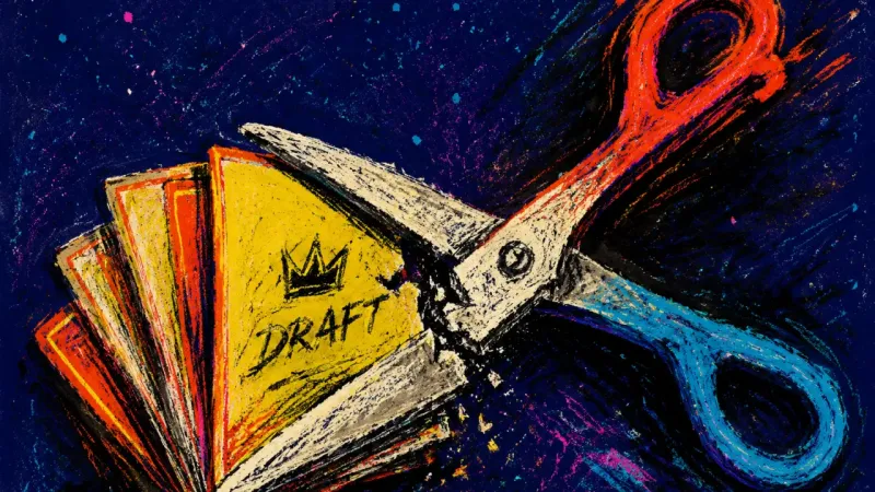 The Borrowed Cut A pair of closed scissors traps creative drafts, symbolizing the pressure to trade personal||||