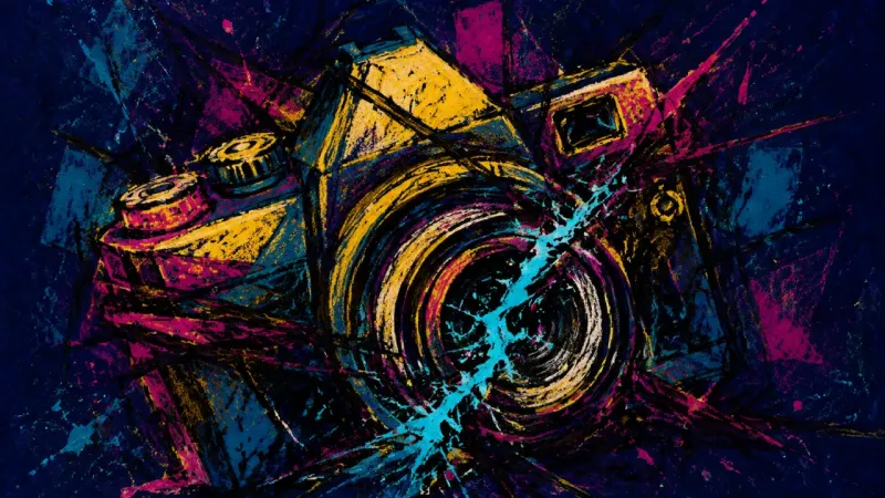 Crushed Creative Lens A distorted camera represents creative self-erasure, with personal vision trapped beneath friendship
