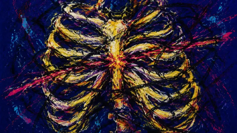 A ribcage crushed by crossing lines, representing anxious attachment, accelerated intimacy, and the