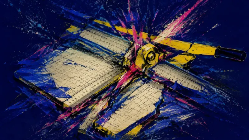 The Collapsed Measure A paper trimmer crushed by tangled marks, representing self-doubt that turns a low offer into an