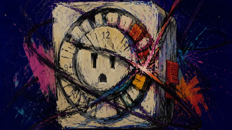 Timer Under Siege A crushed plug timer bound by chaotic lines, representing guilt-driven availability, lost sleep, and