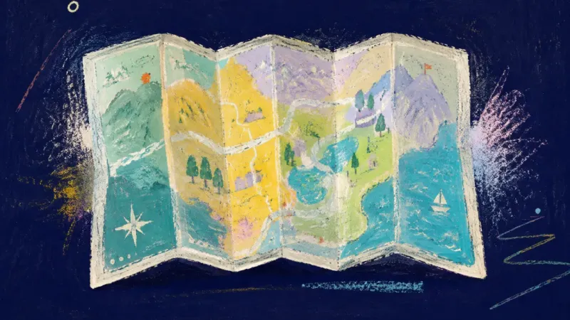 The Restored Route An unfolded map with orderly panels and one bounded route, symbolizing clarity after post-interview