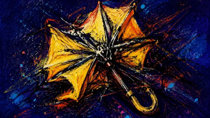Collapsed Canopy An umbrella crushed into a tangled form, representing the pressure to surrender creative ownership