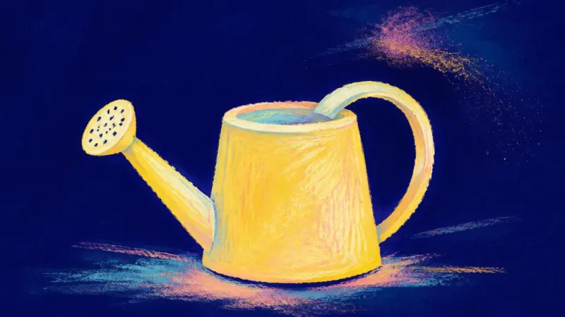 Provision in Flow A restored watering can with an open handle and extended spout, representing security and curiosity—