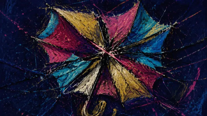 Inverted Authorship A crushed umbrella tangled by chaotic lines, representing creative ownership compressed by an unexpl