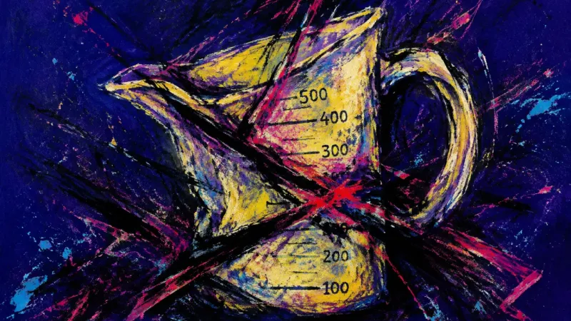 A crushed measuring jug entangled by jagged lines, representing anticipatory shame and self-lowball