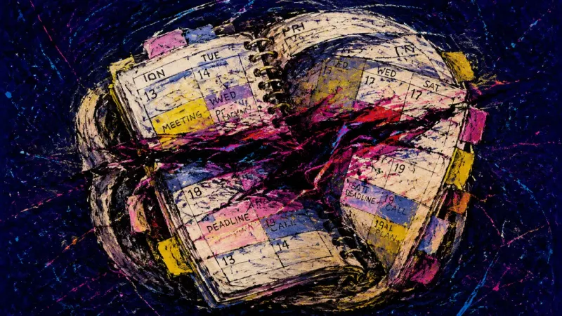 Unbooked Loop A crushed planner with tangled date blocks represents friendship plans that stay hopeful but never