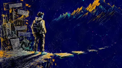 A solitary figure stands where campus pavement ends, with lowered shoulders, mountains ahead, and no marked path between.