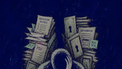 A solitary figure bent over a desk as stacked papers and notes press into the shoulders, narrowing into a blocked passage