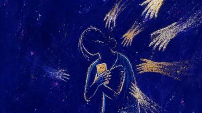 A solitary figure holds a phone to the chest as translucent hands reach toward a veiled scroll in deep indigo space
