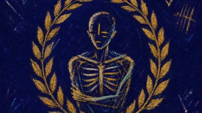 A solitary figure inside a laurel frame as trophies and checklists press inward, with no road visible beyond the circle