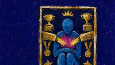 A seated figure inside a polished golden frame, secured rewards forming bars around the body and limiting outward movement