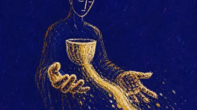 Care flowing one way A solitary figure holding a heavy cup as surrounding hands receive its stream, with no vessel returning through deep indigo