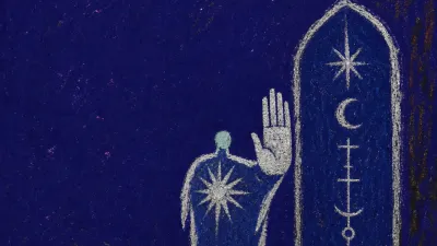 A solitary figure stands before a raised hand blocking papers and tools at a narrow stone threshold in deep indigo space