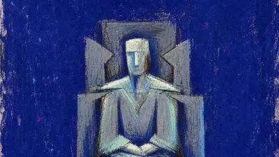 A solitary figure seated upright under watchful beams, shoulders marked by thin impressions from a square throne frame