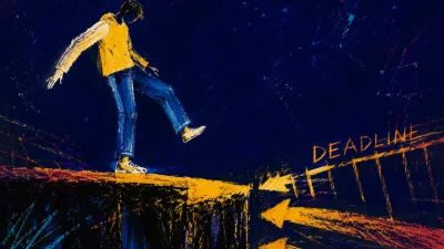 A solitary figure stands with one foot suspended over narrowing ground as amber lines press an indigo platform inward.