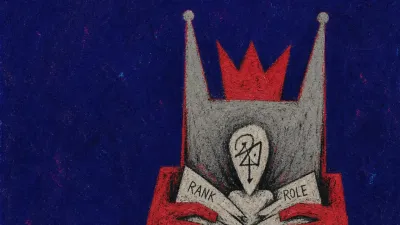 A solitary figure boxed by a towering chair, large hands pressing rule papers against the ribs in deep indigo space