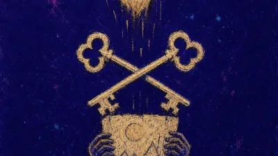 A solitary figure below a raised hand, holding work as crossed keys cast a narrow shadow across their hands