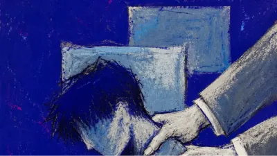 A solitary figure with rigid shoulders as hands adjust a jacket and meeting screens narrow the body into straight lines