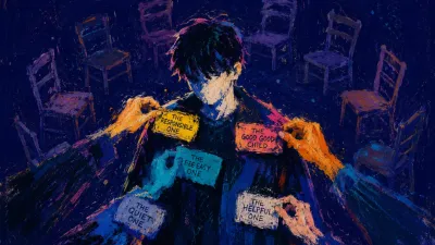 A solitary figure in a circle of chairs, familiar hands pinning old name tags to their shoulders as the space closes in