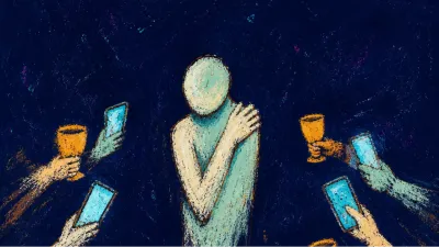 A solitary figure drawn inward as raised cups and phone screens form a tight circle pressing glowing lines toward their body