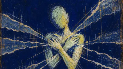 A solitary figure with shoulders drawn inward, bright pages and rule lines pressing across crossed forearms and collarbone