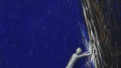 A solitary figure bracing both hands against a dark swinging hinge, pressure marks spreading across the palms in indigo space