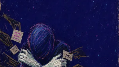 A solitary figure holding tense notes and muffled voices as many office hands press inward from every side
