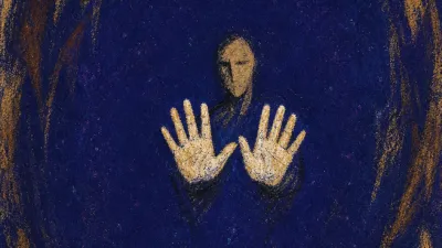 A solitary figure holding steady hands near a lion-like force pressing toward the edge of personal space