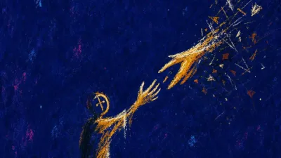 A solitary figure reaching for fast-moving hands as the ground tilts, with torn signal lines streaking through indigo space