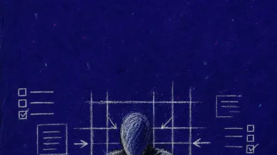 A solitary figure with shoulders drawn inward as glowing prompts and open books press scattered pages into a rigid grid