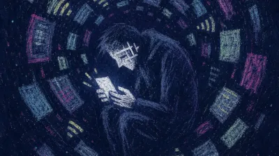 Signals closing around the body A hunched figure holding a glowing phone, surrounded by orbiting content tiles that form a closed loop around the body