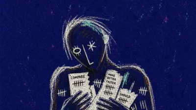 A solitary figure with shoulders drawn inward as hovering hands pin receipts and tally marks across the chest