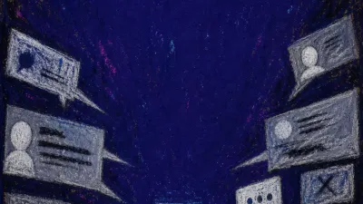 A solitary figure gripping a glowing phone as cropped messages and faceless bubbles close in from every side