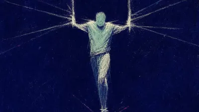 Pressure held before movement A solitary figure held at a threshold, copied threads and deadline lines tightening into a white frame around the body