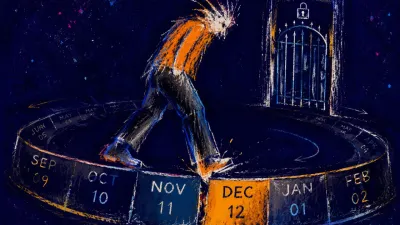A solitary figure leans forward as a circular calendar track shifts beneath both feet and returns each step to a closed gate.